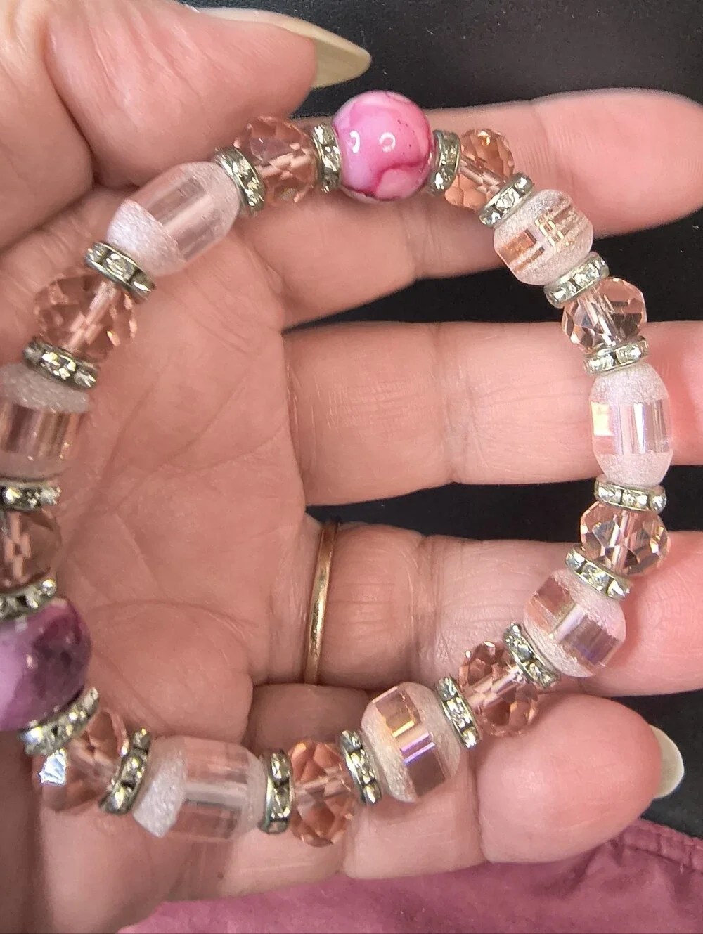 Vintage Pink Art Glass Beaded Bracelet Rhinestone Stretch Statement